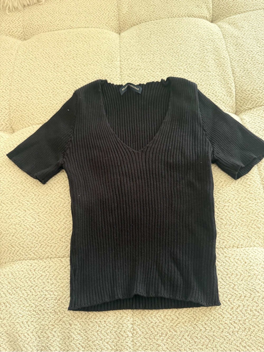 Brandy Melville Black Ribbed V-Neck Short Sleeve Tee